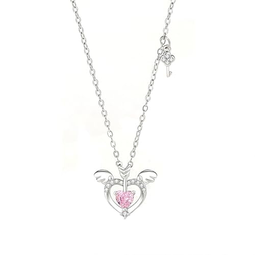 Tolldek Au375 Weißgold Damen Halskette Echter Schmuck, Anhänger Damenkette Love Flügel Pfeile mit Labor Erstellt Rose Saphir Herzschliff Rose, 9K Kette Frauen, 40+5 von Tolldek