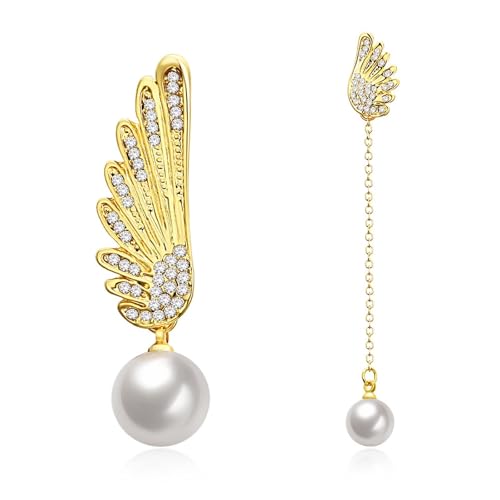 Tolldek Damen Ohrstecker Gold 375 9K, Perle Asymmetrisch Flügel Ohrhänger, Diamant Ohrringe Gelbgold Au375 Echte Goldschmuck von Tolldek