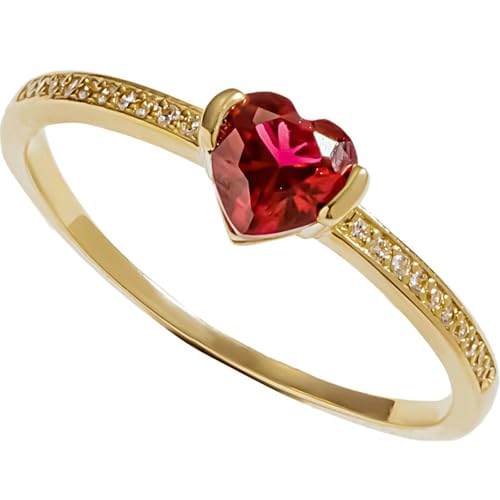 Tolldek Echt Gold Freundschaftsringe Gold 375 9 Karat, Rot Rubin Herz Partnerringe Herzschliff, 9K Gelbgold Eheringe mit Diamant, 61 (19.4) von Tolldek