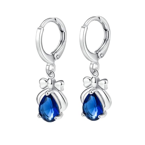 Tolldek Echt Gold Schmuck Damen Ohrringe Weißgold 14K 585, Blau Labor Erstellt Saphir Bowknot Ohrhänger Tropfenschliff, Au585 Gold Ohrstecker Frauen von Tolldek