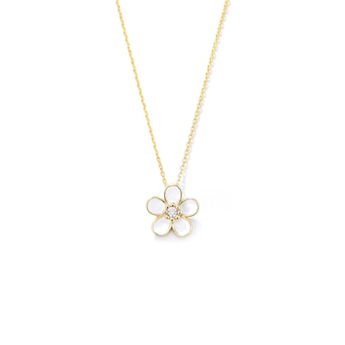 Tolldek Echt Schmuck Halskette Damen Hochzeit Gold 9K 375, Damenkette Anhänger Blumen mit Diamant Rundschliff Weiß, Gelbgold Au375 Frau Ketten, 40+5 von Tolldek