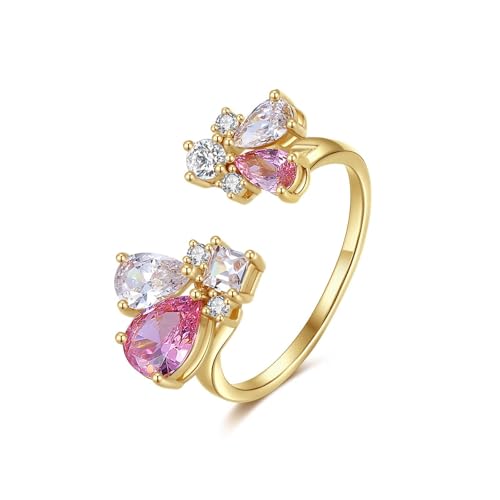 Tolldek Echte Goldschmuck Solitärring 18K Au750 Gold, Rose Rosa Kristall Moissanit Blumen Hochzeitsring Tropfenschliff, Gelbgold 750 Partnerringe, 53 (16.9) von Tolldek