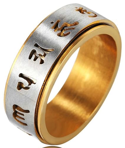 Tolldek Eheringe Edelstahl Herren 8MM, Buddhist Drehen Mantra Trauringe, Freundschaftsringe Punk Rock, Silber Gold, Gr.62 (19.7) von Tolldek