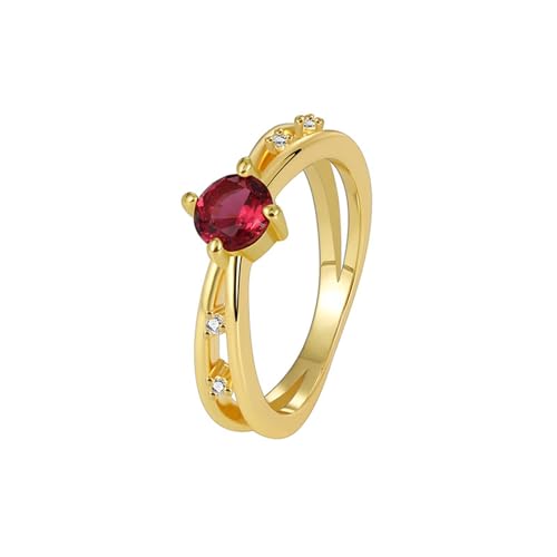 Tolldek Gelbgold 14K Hochzeitsring Echtschmuck, Verlobungsring Klassiker mit Labor Erstellt Rubin Rundschliff Rot, Au 585 Damen Ring, Gr.62 (19.7) von Tolldek