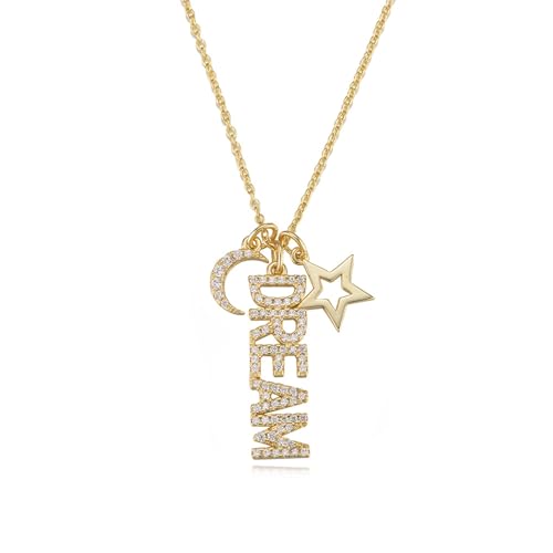 Tolldek Gelbgold 585 14 Karat Damen Ketten, Anhänger Damenkette DREAM Buchstaben mit Moissanit Rundschliff Weiß, Frauen Halskette 14K Gold Echte Goldschmuck, 40+5 von Tolldek