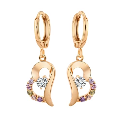 Tolldek Gold 585 Frauen Ohrringe Echt Schmuck, Bunt Amethyst Rosa Kristall Granat Hohl Herz Ohrhänger, 14K Gelbgold Ohrstecker Jungs mit Moissanit Echt Schmuck von Tolldek