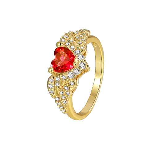 Tolldek Gold 585 Partnerringe Echter Schmuck, Eheringe Flügel mit Labor Erstellt Rubin Herzschliff Rot, 14K Gelbgold Hochzeitsring, Gr.62 (19.7) von Tolldek