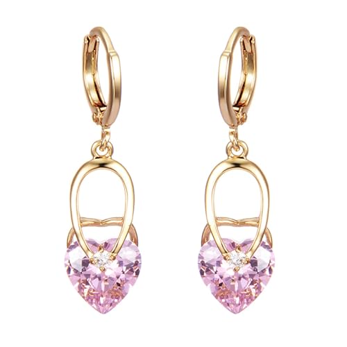 Tolldek Gold Au375 Ohrringe Frauen Echtschmuck, Rose Rosa Kristall Klassiker Ohrhänger Herzschliff, 9K Gelbgold Ohrringe mit Moissanit Echtschmuck von Tolldek