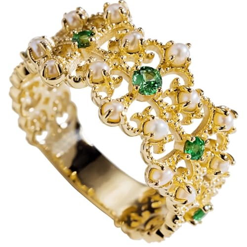Tolldek Gold Au375 Pärchen Ringe, Grün Tsavorite Hohl Blumen Partnerringe, 9K Gelbgold Diamantring mit Perle Echtgold Schmuck, 54 (17.2) von Tolldek