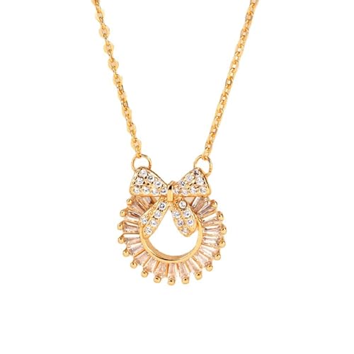 Tolldek Kette Damen 14 Karat Au585 Gold, Labor Erstellt Diamant Bowknot Kreis Frauen Halskette Geschenk, Damenkette 14K Gelbgold Echter Schmuck, 45+5cm von Tolldek