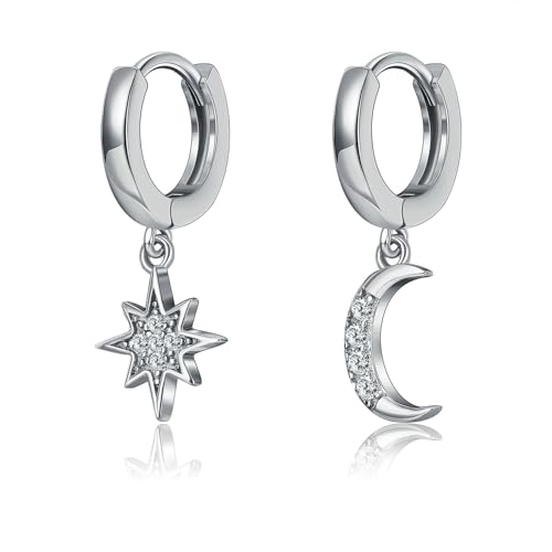Tolldek Ohrringe Frauen Weißgold 9 Karat Au375, Diamant Baumeln Mond Stern Creolen, Ohrringe Damen 9K Gold Echtgold Schmuck von Tolldek