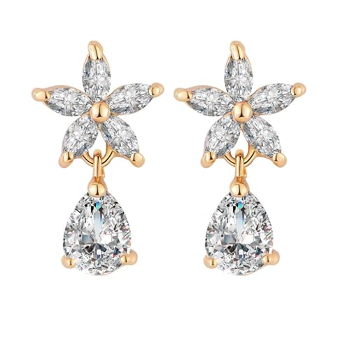 Tolldek Ohrstecker Damen 18K Au750 Gold, Moissanit Blumen Ohrhänger Tropfenschliff, Moissanit Ohrringe Hängend Gelbgold 750 Echt Goldschmuck von Tolldek