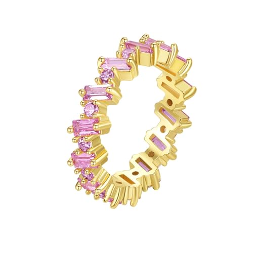 Tolldek Partnerringe Gold 585, Rose Rosa Kristall Klassiker Diamantring Rechteckschliff, Hochzeitsring 14K Gelbgold Echter Schmuck, 53 (16.9) von Tolldek
