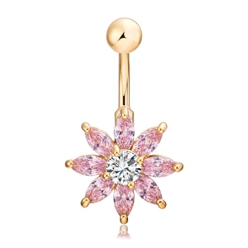 Tolldek Piercing Schmuck, Nabelpiercing Chirurgenstahl, Weiß Zirkonia Bauchnabel Piercings mit Blumen Anhänger Nabel Ring Körper Piercing Schmuck, Körper Schmuck für Frauen 16MM, Gold-Weiß von Tolldek