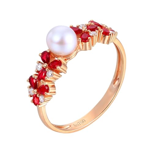 Tolldek Rose Gold 750 Trauringe, Damen Perle Partnerringe mit Labor Erstellt Rubin 0.42ct, 18K Gold Eheringe Echt Gold Schmuck mit Moissanit, Gr.61 (19.4) von Tolldek
