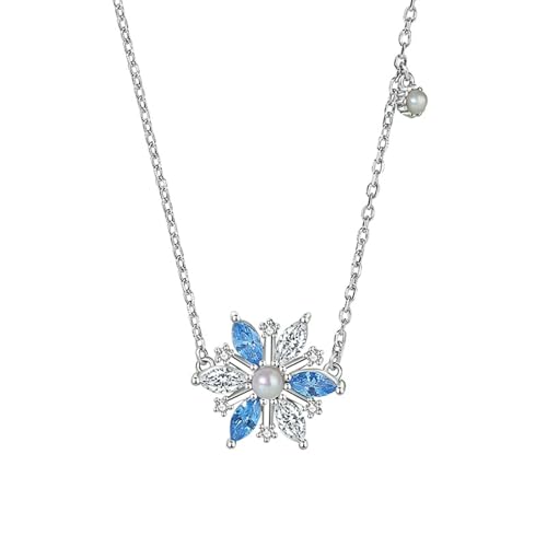 Tolldek Weißgold 14 Karat Halskette Damen Modeschmuck, Anhänger Damenkette Schneeflocke mit Topas Marquiseschliff Blau, Kette Frauen Au585 Gold Echtschmuck, 40+5 von Tolldek