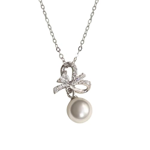 Tolldek Weißgold 750 Halskette Damen Jugendstil, Klassiker Bow-Knot 7.2MM Damenkette Anhänger mit Perle Rundschliff Weiß, 18K Kette Frau Geschenk Echt Gold Schmuck, 40+5 von Tolldek