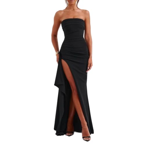Tolnecty Damen Elegante Off Schulter Maxi Kleid Unregelmäßige Split Hem ärmellose formelle Party Abendkleider (DE/NL/SE/PL, Alphanumerisch, Einheitsgröße, Regular, Regular, Schwarz) von Tolnecty