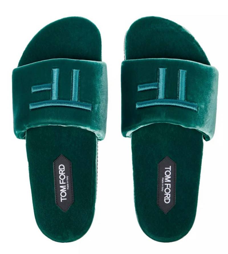 Tom Ford Harrison Velvet Pantoletten Slides Unisex Slipper Hergestellt in Italien, samtige Finish, eingestickte Logo von Tom Ford