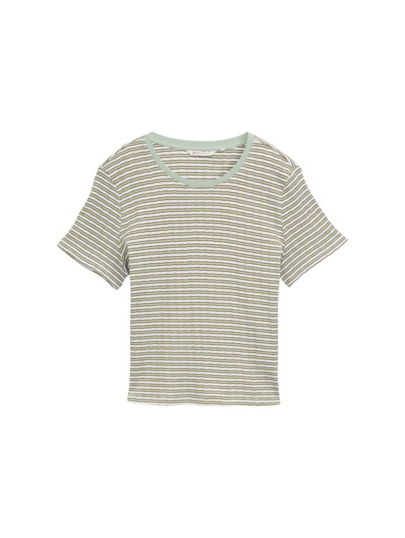 TOM TAILOR DENIM Damen Boxy Fit Pointelle T-Shirt, grün, Gestreift, Gr. S von Tom Tailor Denim