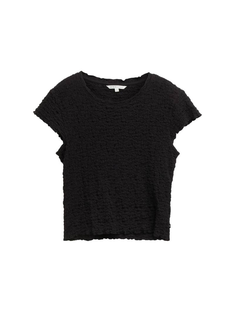 TOM TAILOR DENIM Damen Cropped Crinkle Bluse, schwarz, Uni, Gr. S von Tom Tailor Denim