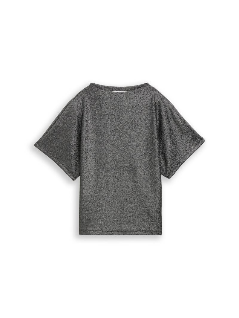 TOM TAILOR DENIM Damen Glitzer T-Shirt mit Fledermausärmeln, schwarz, Uni, Gr. XS von Tom Tailor Denim