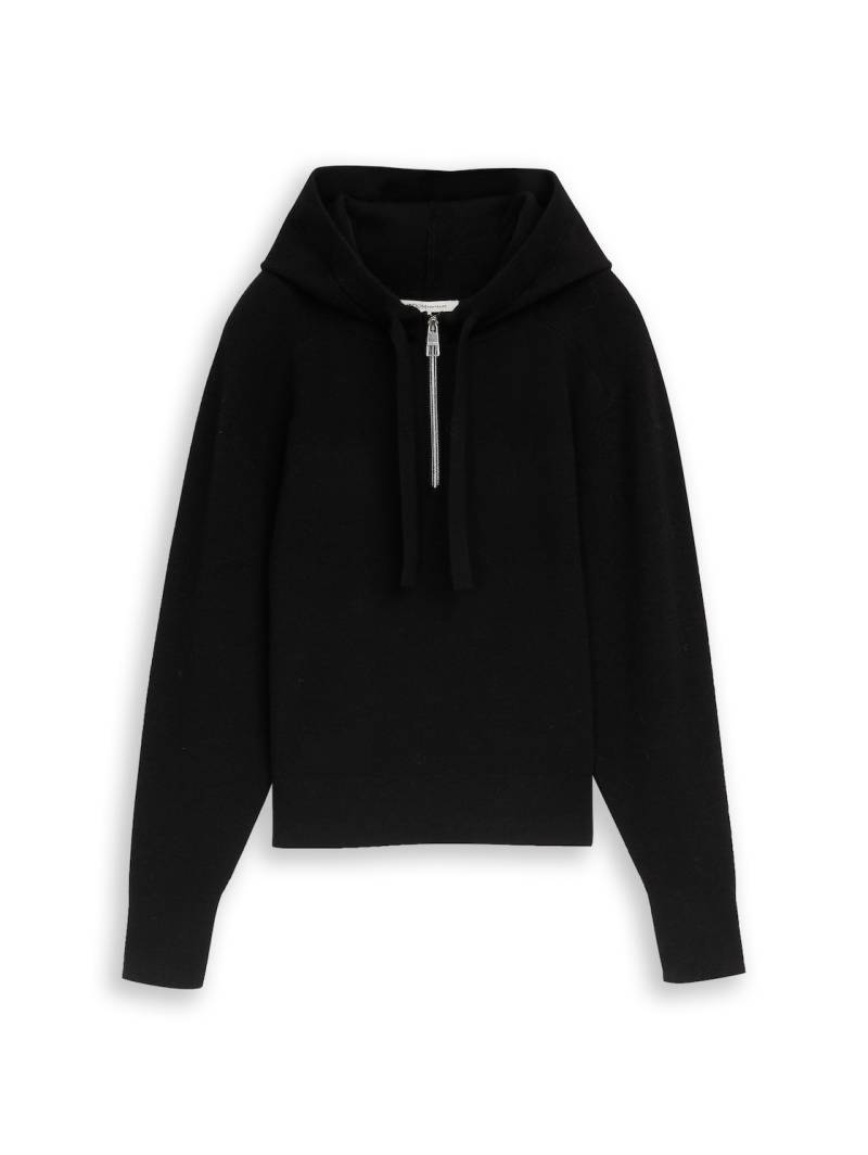 TOM TAILOR DENIM Damen Hoodie Strickpullover mit Reißverschluss, schwarz, Uni, Gr. XS von Tom Tailor Denim