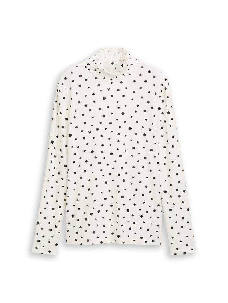 TOM TAILOR DENIM Damen Langarmshirt mit Muster, weiß, Gepunktet, Gr. M von Tom Tailor Denim