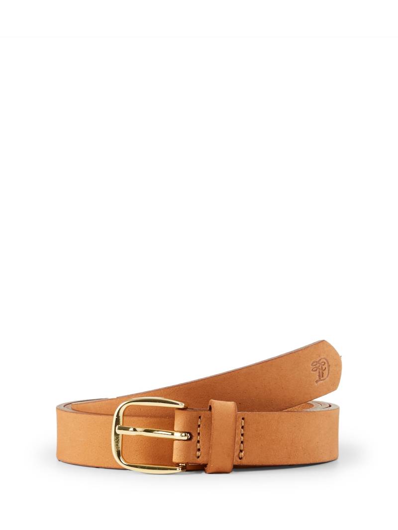 TOM TAILOR DENIM Damen TTMEGHAN schmaler Ledergürtel mit abgerundeter Dornschließe, braun, Logo Print, Gr. 100 von Tom Tailor Denim