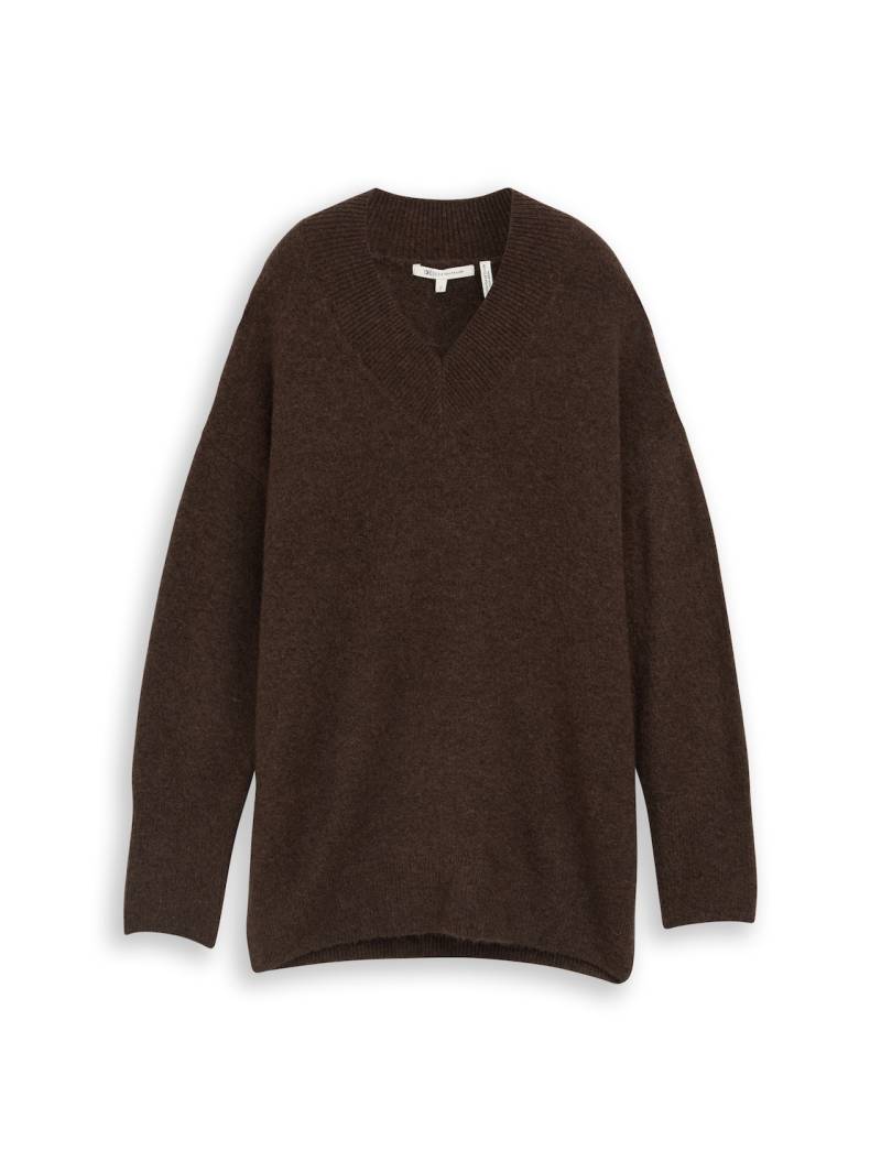 TOM TAILOR DENIM Damen Longstyle Strickpullover mit V-Ausschnitt, braun, Meliert, Gr. XS von Tom Tailor Denim