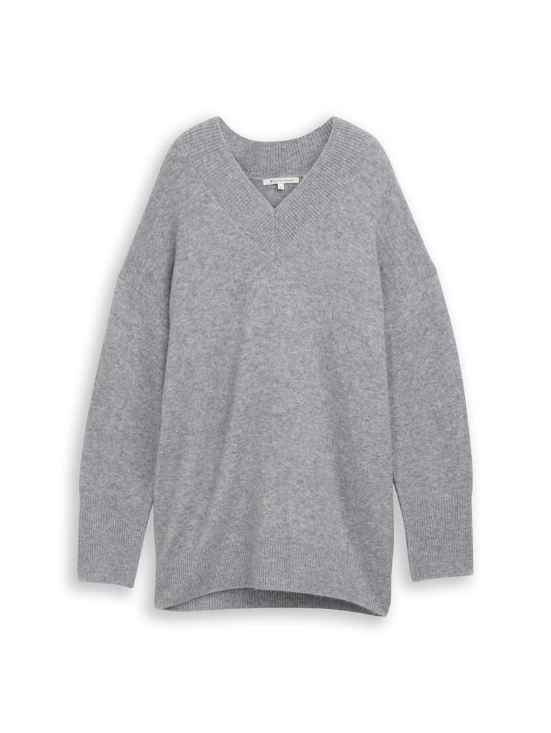TOM TAILOR DENIM Damen Longstyle Strickpullover mit V-Ausschnitt, grau, Meliert, Gr. M von Tom Tailor Denim