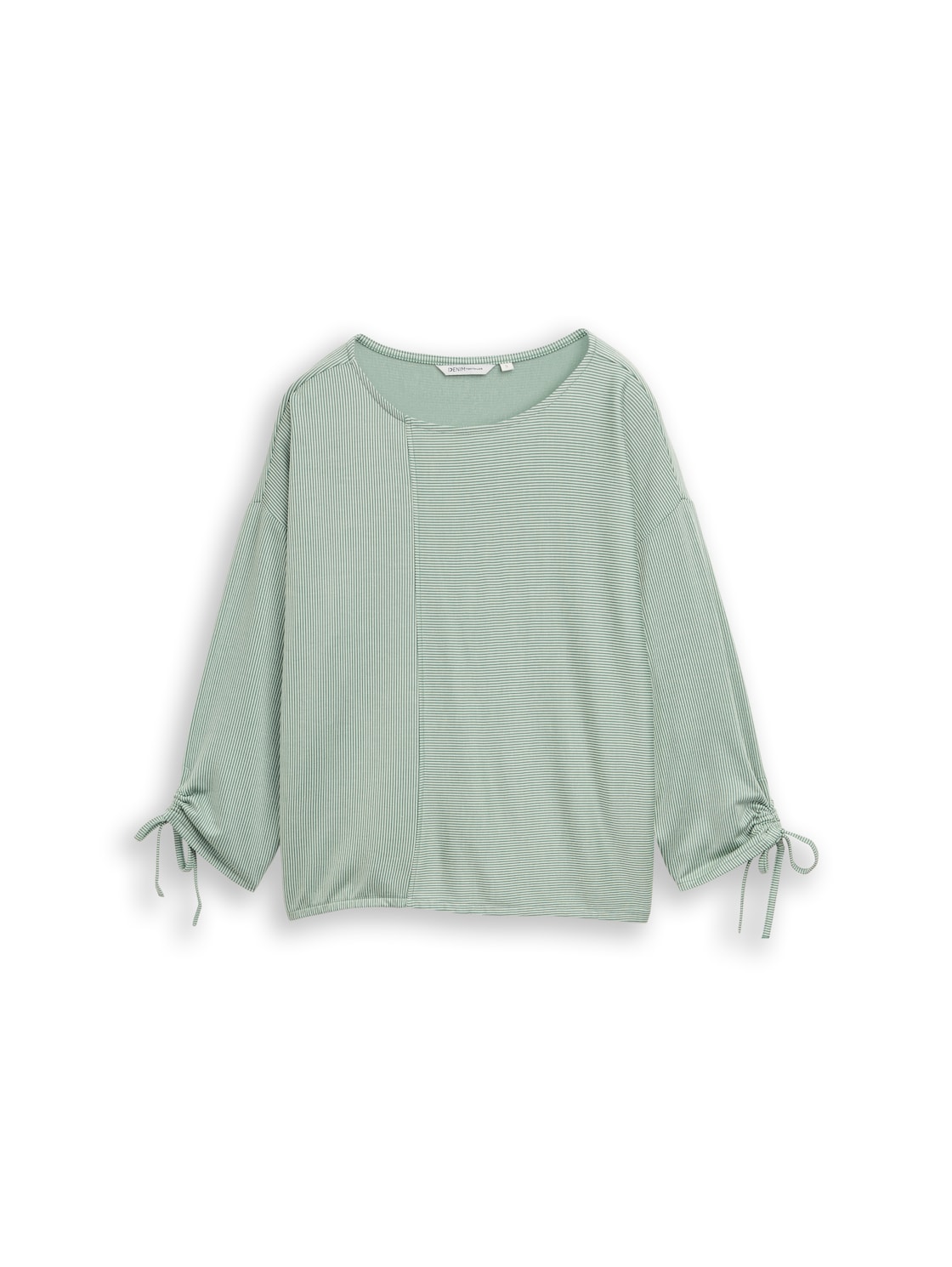 TOM TAILOR DENIM Damen Loose Fit Langarmshirt mit Raffärmeln, grün, Gestreift, Gr. L von Tom Tailor Denim