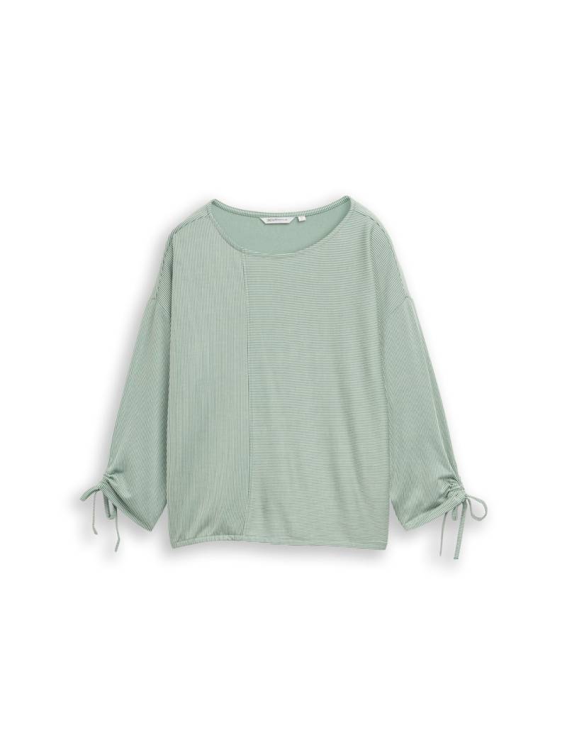 TOM TAILOR DENIM Damen Loose Fit Langarmshirt mit Raffärmeln, grün, Gestreift, Gr. L von Tom Tailor Denim