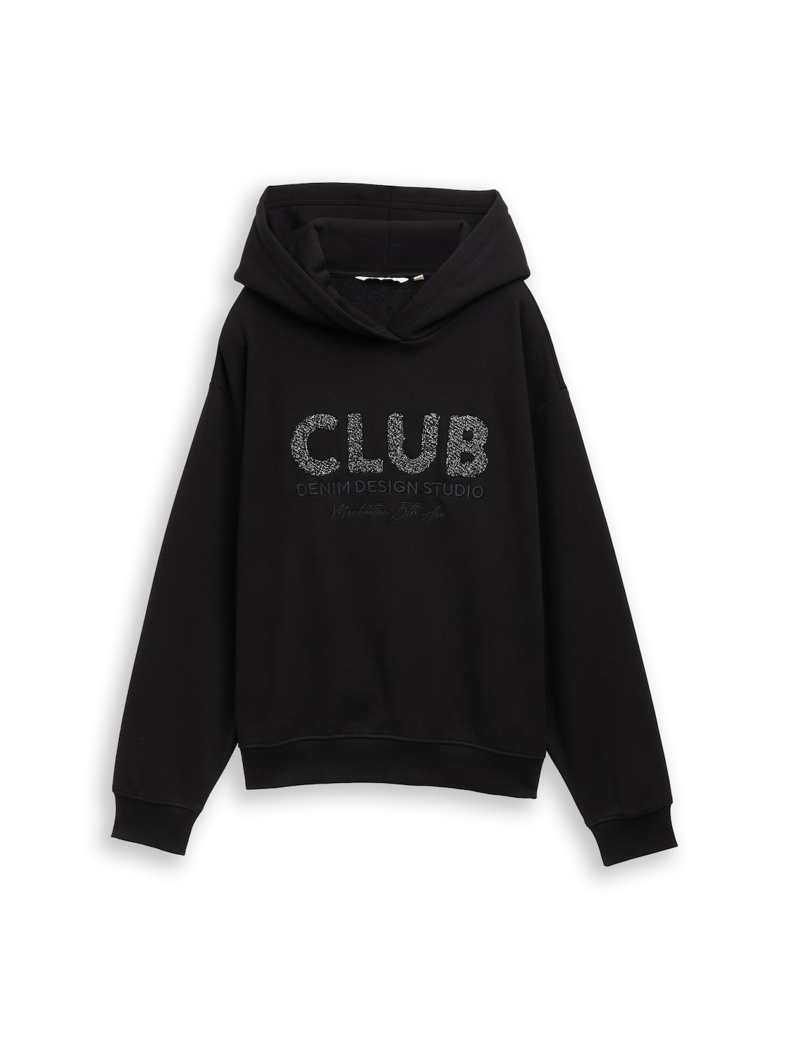 TOM TAILOR DENIM Damen Oversize Hoodie Sweatshirt mit Glitzer-Applikation, schwarz, Uni, Gr. XS TOM TAILOR DENIM Damen Oversize Hoodie Sweatshirt mit Glitzer-Applikation, schwarz, Uni, Gr. XS von Tom Tailor Denim