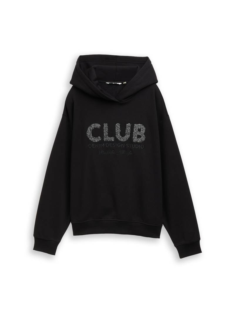 TOM TAILOR DENIM Damen Oversize Hoodie Sweatshirt mit Glitzer-Applikation, schwarz, Uni, Gr. XS TOM TAILOR DENIM Damen Oversize Hoodie Sweatshirt mit Glitzer-Applikation, schwarz, Uni, Gr. XS von Tom Tailor Denim