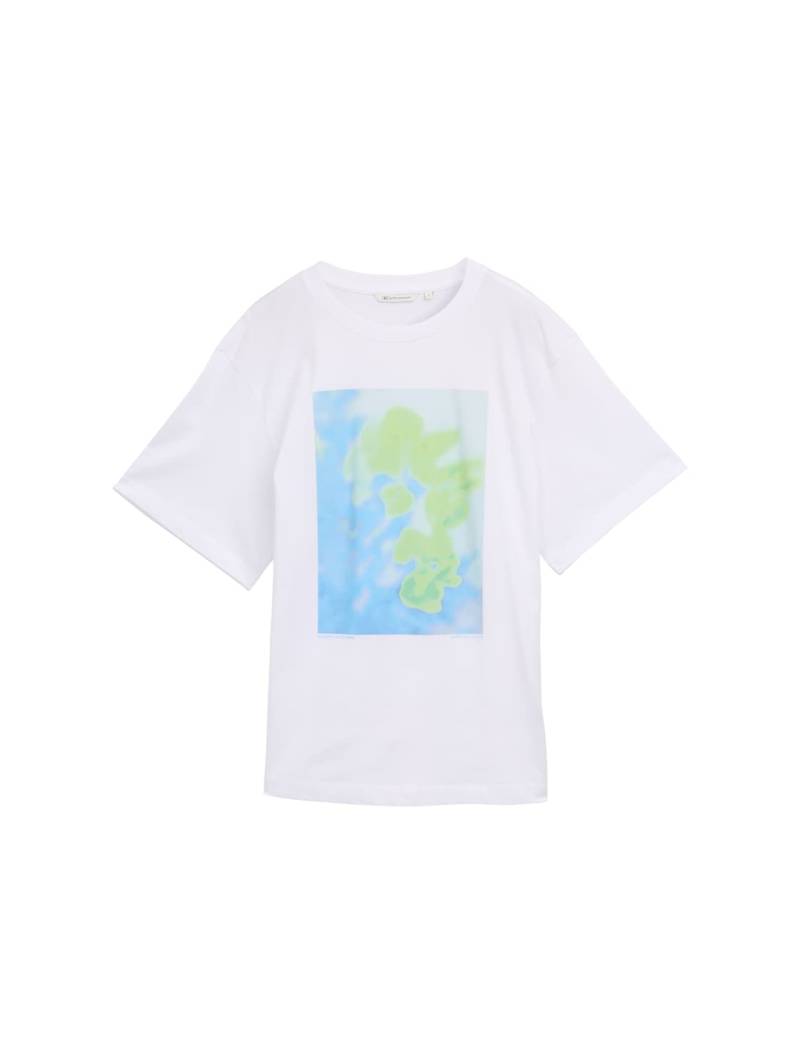TOM TAILOR DENIM Damen Oversize T-Shirt mit Print, weiß, Uni, Gr. XS von Tom Tailor Denim