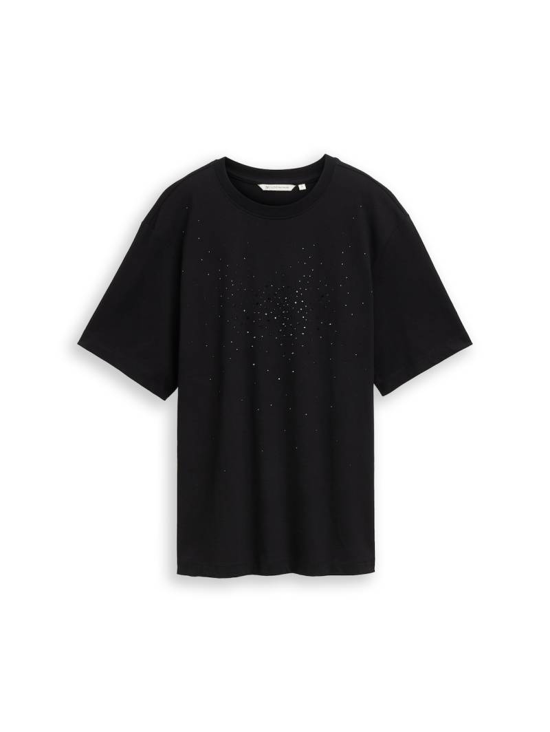 TOM TAILOR DENIM Damen Oversize T-Shirt mit Strasssteinen, schwarz, Uni, Gr. L von Tom Tailor Denim