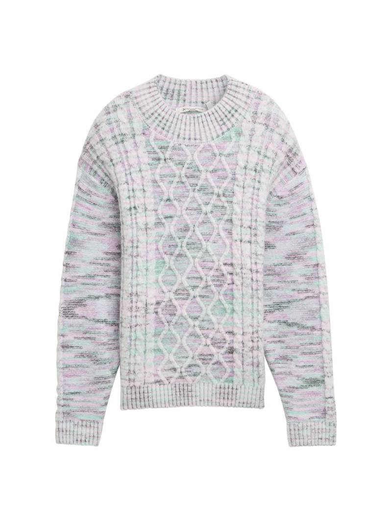 TOM TAILOR DENIM Damen Pullover mit Zopfstrickmuster, weiß, Meliert, Gr. S von Tom Tailor Denim