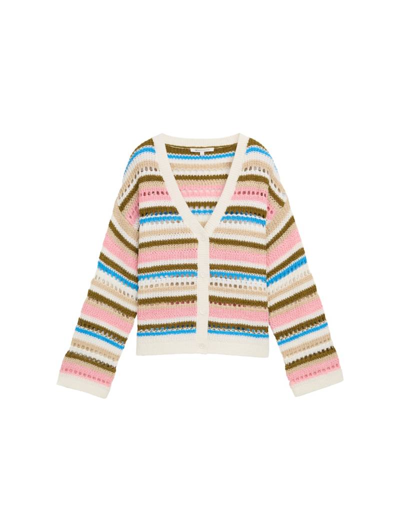 TOM TAILOR DENIM Damen Relaxed Fit Cardigan mit Lochmuster, weiß, Gestreift, Gr. L von Tom Tailor Denim