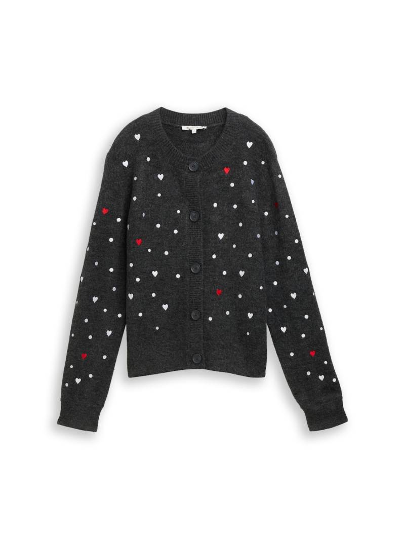 TOM TAILOR DENIM Damen Relaxed Fit Cardigan mit Stickereien, grau, Gemustert, Gr. M von Tom Tailor Denim