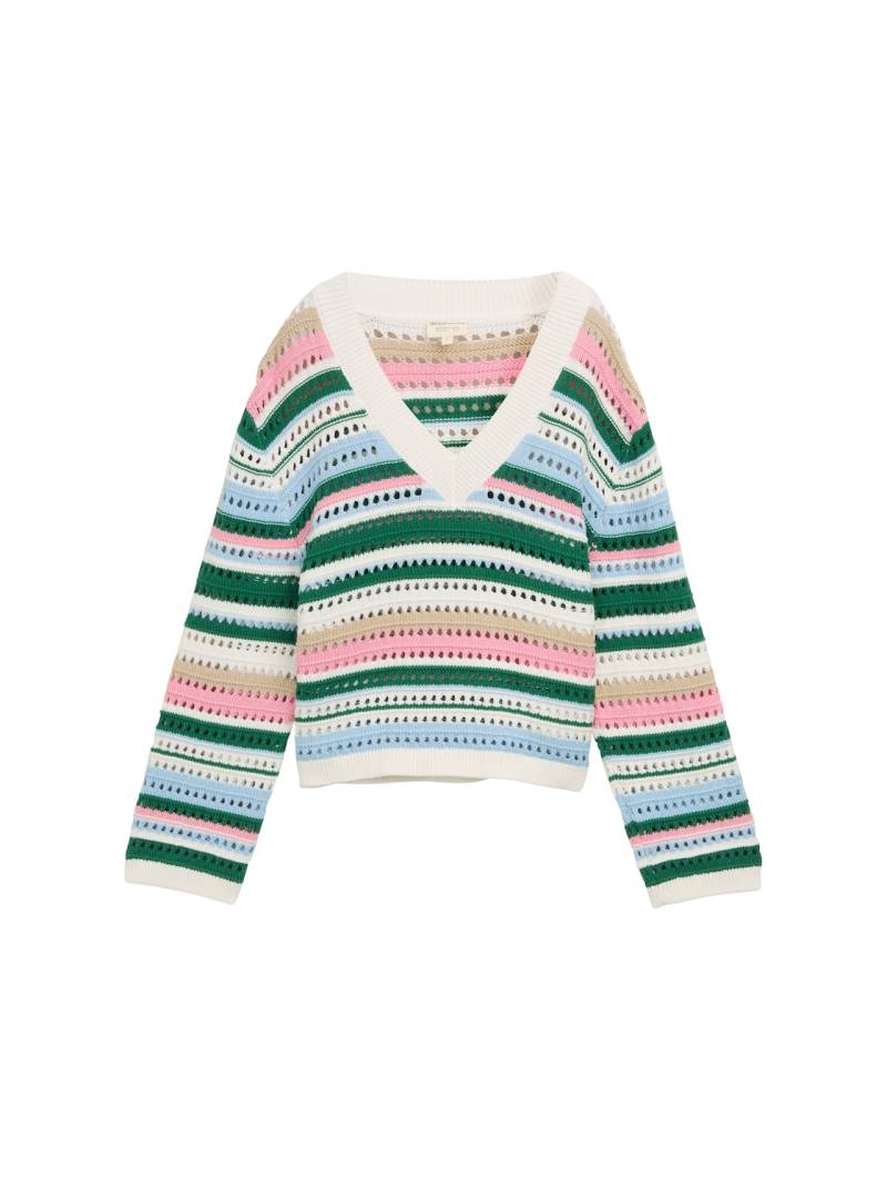 TOM TAILOR DENIM Damen Relaxed Fit Strickpullover, weiß, Gestreift, Gr. S von Tom Tailor Denim