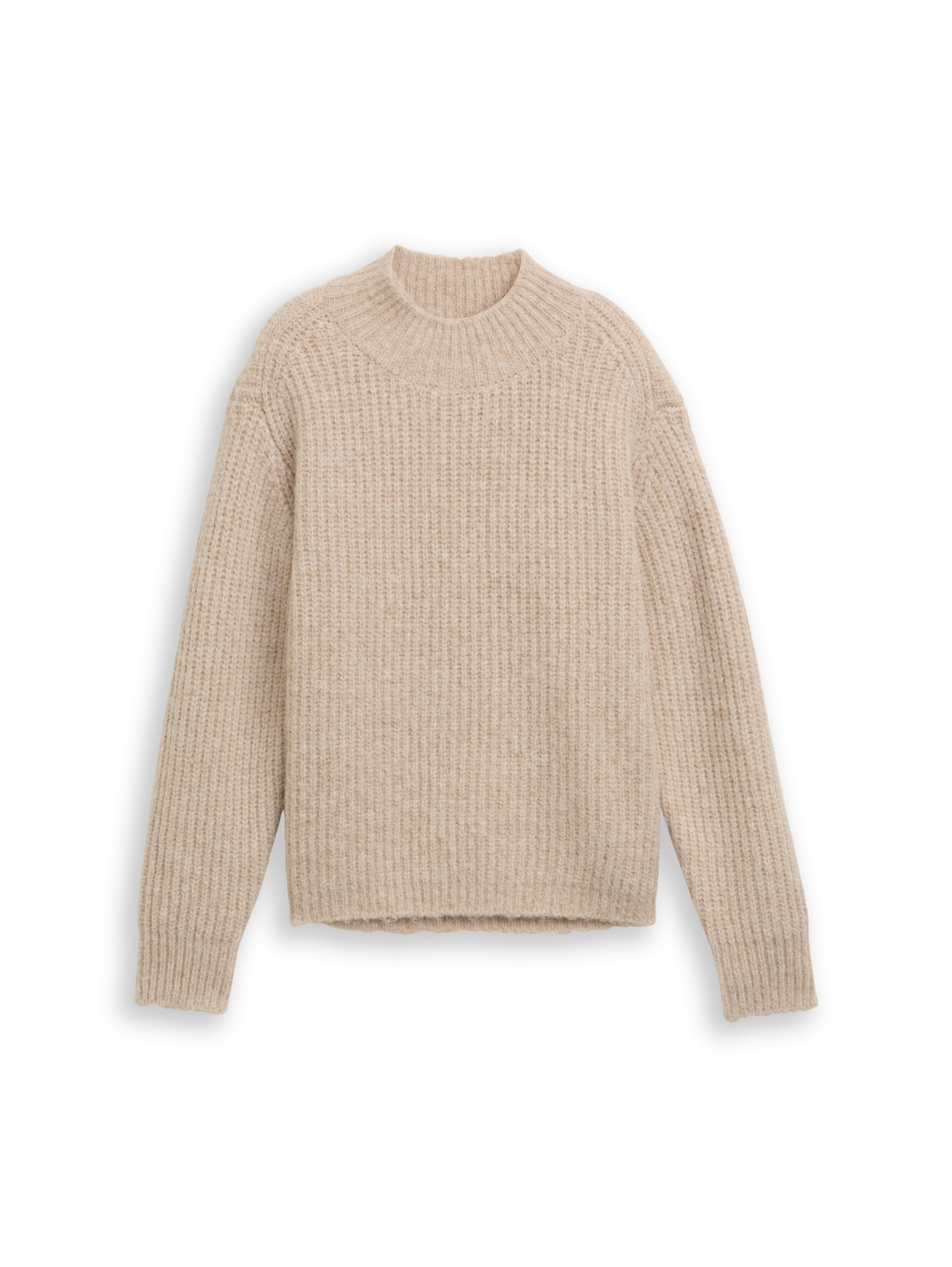 TOM TAILOR DENIM Damen Relaxed Fit Strickpullover mit Stehkragen, beige, Meliert, Gr. XXL von Tom Tailor Denim