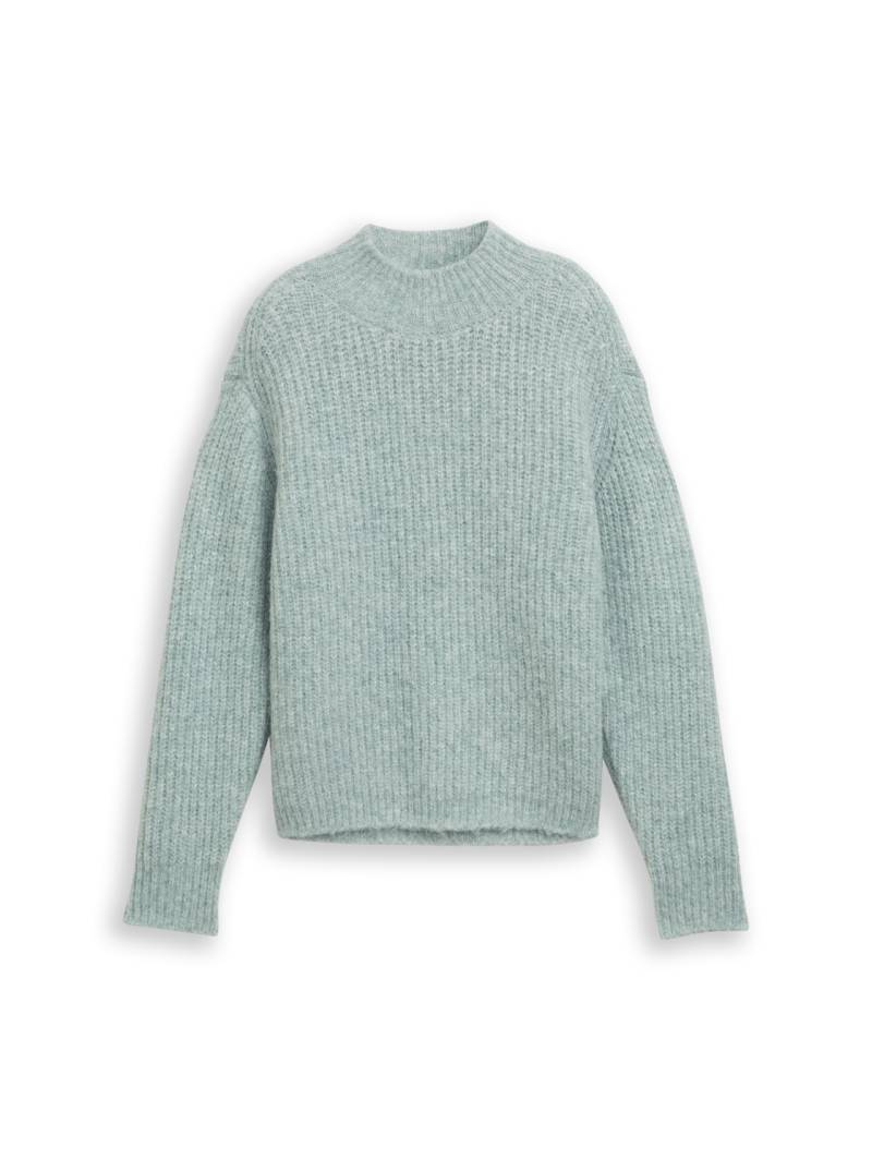TOM TAILOR DENIM Damen Relaxed Fit Strickpullover mit Stehkragen, blau, Meliert, Gr. L von Tom Tailor Denim