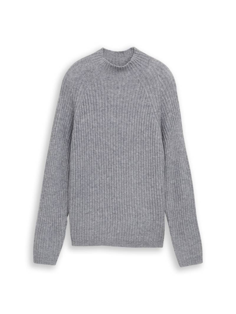 TOM TAILOR DENIM Damen Relaxed Fit Strickpullover mit Stehkragen, grau, Meliert, Gr. L von Tom Tailor Denim
