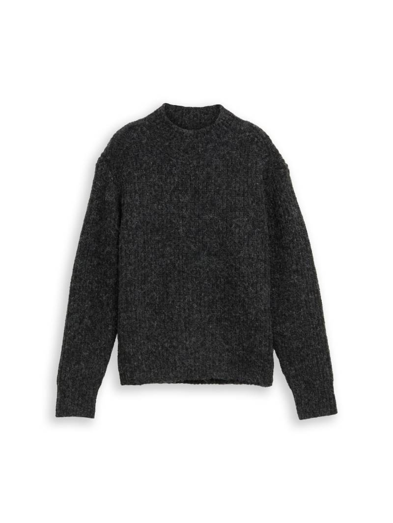 TOM TAILOR DENIM Damen Relaxed Fit Strickpullover mit Stehkragen, grau, Meliert, Gr. XXL von Tom Tailor Denim
