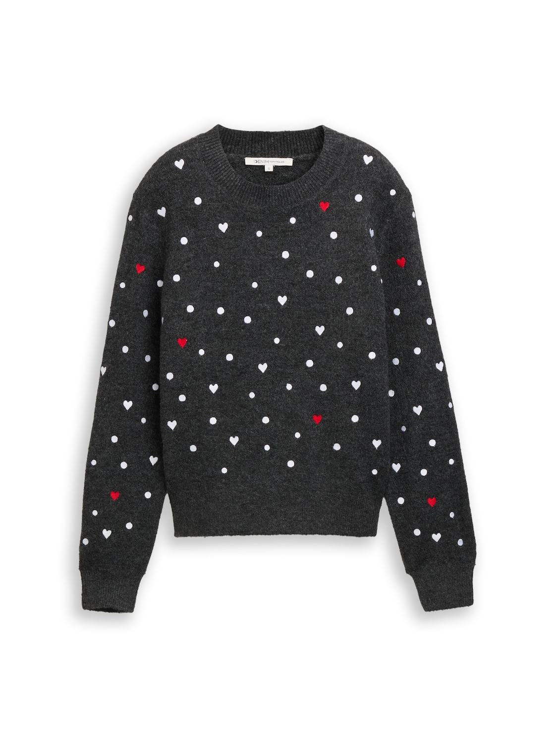 TOM TAILOR DENIM Damen Relaxed Fit Strickpullover mit Stickereien, grau, Gemustert, Gr. L von Tom Tailor Denim