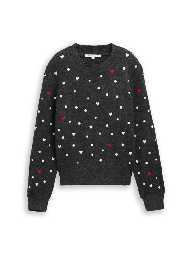 TOM TAILOR DENIM Damen Relaxed Fit Strickpullover mit Stickereien, grau, Gemustert, Gr. XS von Tom Tailor Denim