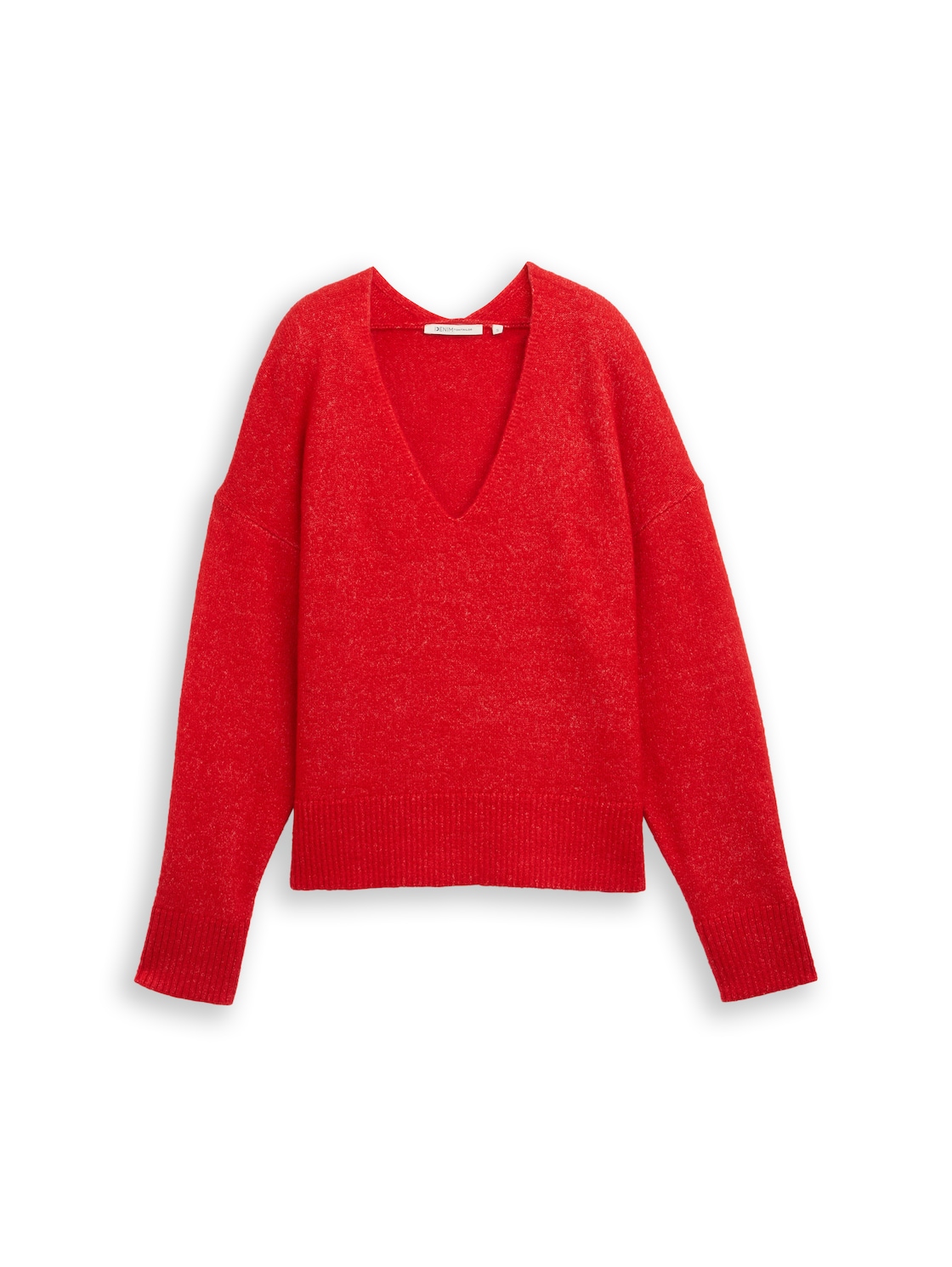 TOM TAILOR DENIM Damen Relaxed Fit Strickpullover mit V-Ausschnitt, rot, Uni, Gr. L von Tom Tailor Denim