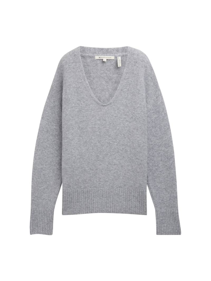 TOM TAILOR DENIM Damen Relaxed Strickpullover mit V-Ausschnitt, grau, Uni, Gr. S von Tom Tailor Denim
