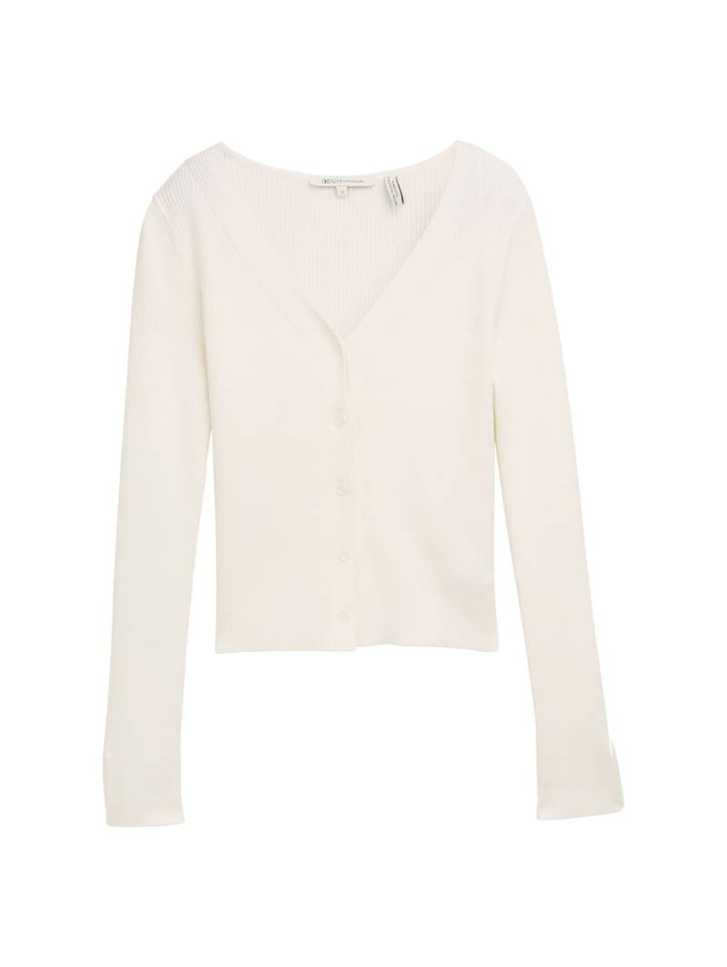 TOM TAILOR DENIM Damen Ripp Cardigan mit Ärmelschlitzen, weiß, Uni, Gr. L von Tom Tailor Denim